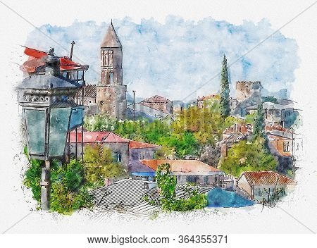 Watercolor Sketch Or Illustration Of A Beautiful View Of Old Town Signaghi, On White Background. Geo