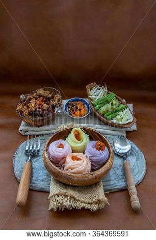 Rice Noodles With Spicy Pork Sauce Or Nam Ngiao Rice Noodle (traditional Northern Thai Cuisine). Nam