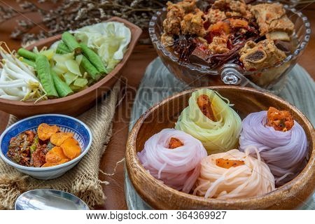 Rice Noodles With Spicy Pork Sauce Or Nam Ngiao Rice Noodle (traditional Northern Thai Cuisine). Nam