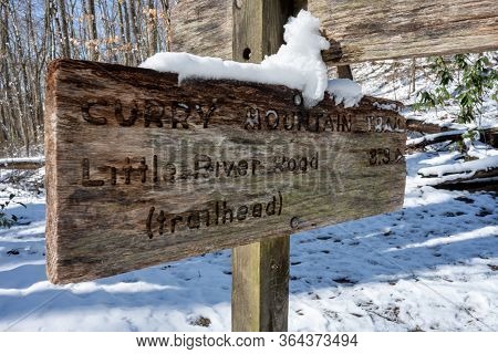 Curry Mountain Trail Sign With Snow Coating In Smokies