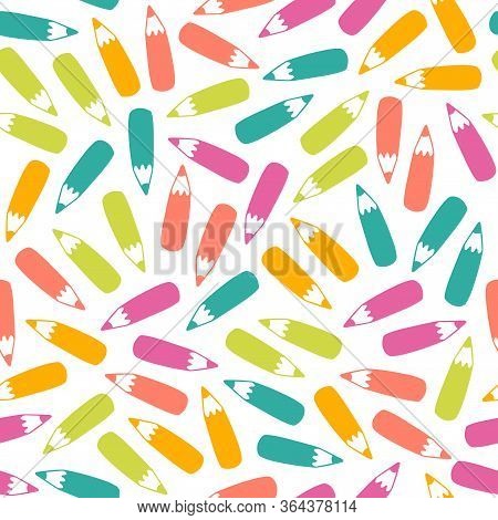 Seamless Pencil Pattern In Vector. Hand Drawn Colorful Illustration With Stationery. Doodle Endless 
