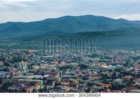 Top View On The Evening City Of Khust, Transcarpathia Ukraine.