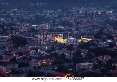 Top View On The Evening City Of Khust, Transcarpathia Ukraine.