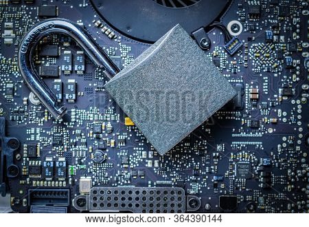 Data Protecting Security Concept. Computer Internet Protection With Lock, Key On Microscheme Chip. S