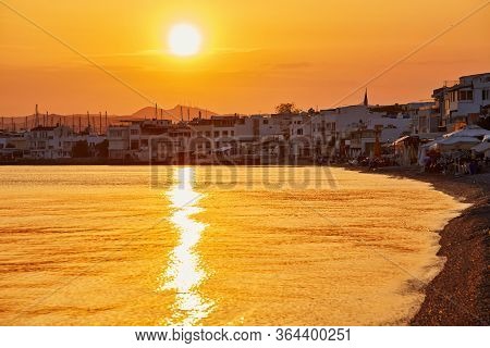 Panoramic Sunset View Of Gumbet Bay In Bodrum On Turkish Riviera. Bodrum Is A District And A Port Ci