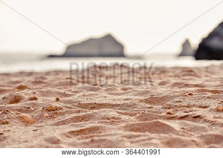 Detail Of Sand Of Empty Beach Between Cliffs. Uncrowded Travel Concept. Algarve, Portugal