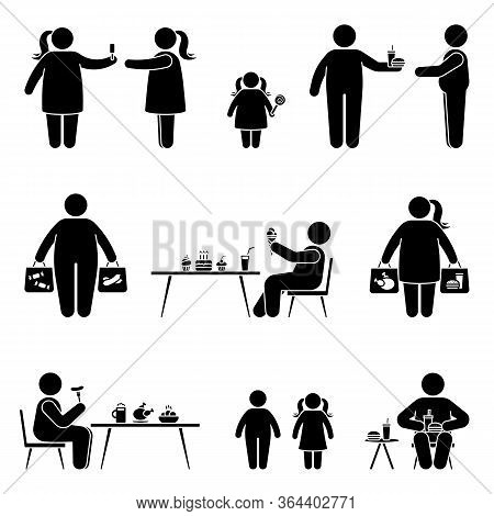Stick Figure Eating Sweets, Fast Food, Fat Meal, Shopping, Buying Unhealthy Products Vector Icon Pic