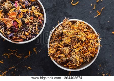 Dried Calendula Tea And Mix Tea With Dried Flowers And Dried Fruits.