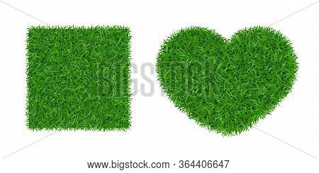 Green Grass Background 3d Set. Lawn Greenery Nature Heart. Abstract Soccer Field Texture Square. Gro