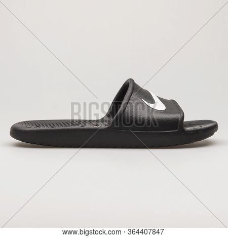 Vienna, Austria - February 19, 2018: Nike Kawa Shower Black And White Sandal On White Background.