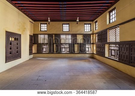 Rosetta, Egypt- February 1 2020: Interior Wall With Decorated Lattice Wooden Windows, Mashrabiya, An
