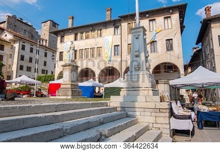 Feltre, Italy - August 11, 2019: Maggiore Square Or Piazza Maggiore In Feltre Town In The Province O
