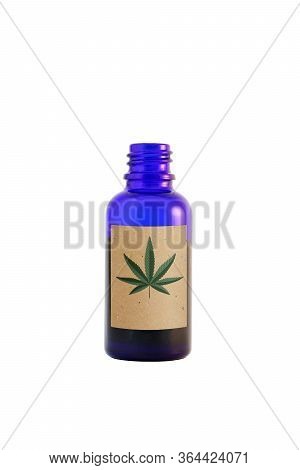 Cannabidiol Oil In The Dark Blue Glass Bottle Isolated On White. Сannabis Leaf On The Paper Label.