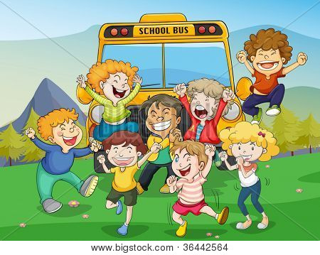illustration af børn og skolebus i naturen