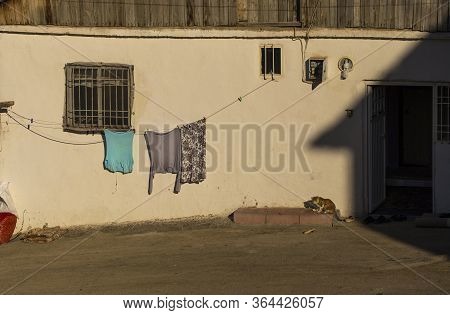 Laundry Hanging On A Wall Of A House In Malatya Suburbs
