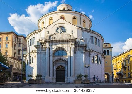 Rijeka, Croatia - July 18 2018: St. Vitus Cathedral With The Yellow Bell Tower On The Right. It Is O