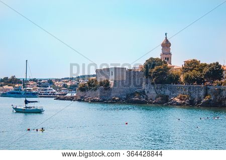Krk Island, Croatia - July 19 2018: Picturesque Coastline In Krk Town On The Island Krk. People Are 