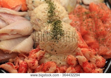 Serving Plate With Fresh Luxurious Seafood And Sauce