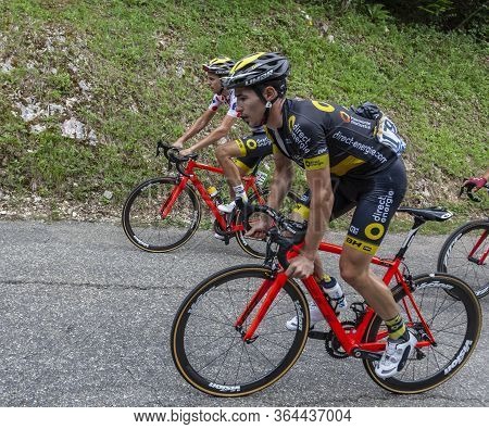 Le Bourget-du-lac, France - July 9, 2017: Two Cyclists, Angelo Tulik And The Polka Dot Jersey, Lilia