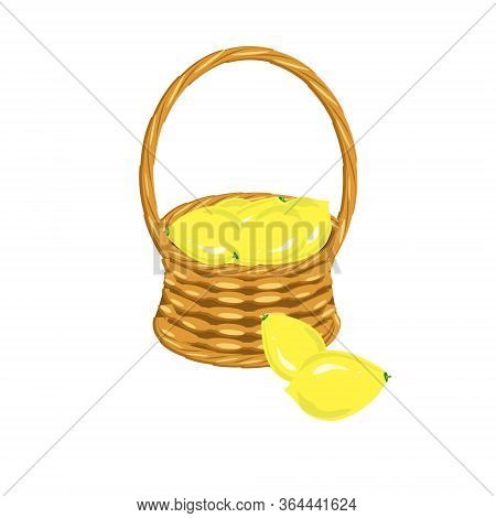 Lemon In Basket Wicker With A Vine. Yellow Fruit Art Design Elements Object Isolated Stock Vector Il