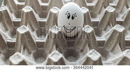 Masked White Egg On A Cardboard Stand. Emotions, Facial Expressions. Natural Protein. Healthy Diet F