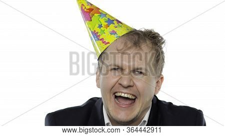 Portrait Of Drank Sleepy Young Clerk Man With A Hangover Laughs. Emotions. Disheveled Guy Businessma