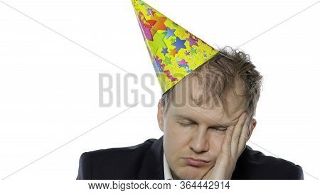 Portrait Of Drank Sleepy Young Clerk Man With A Hangover Falling Asleep. Emotions. Disheveled Guy Bu