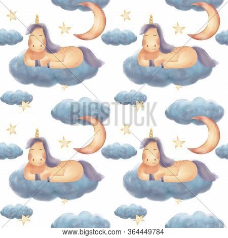 Seamless Pattern With Unicorn, Moon, Clouds And Stars. Hand Drawn Illustration.