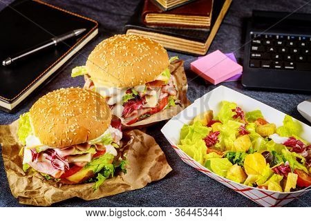 Fast Food Ordering, Sandwich And Salad. Work From Home Concept.