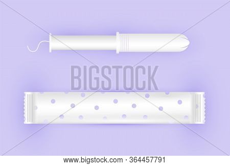 Feminine White Tampon With White Thread. Menstruation Days. Tampon In Plastic Pack, Swab With Applic