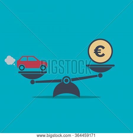 Car And Money On Scales Icon. Scales With Car And Euro Coin In Flat Style. Buying Car Concept. Vecto