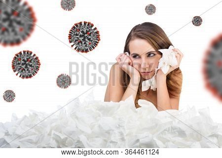 Young Sad Woman With A Lot Of Hankys Among Coronavirus Cells. Isolated On White Background.