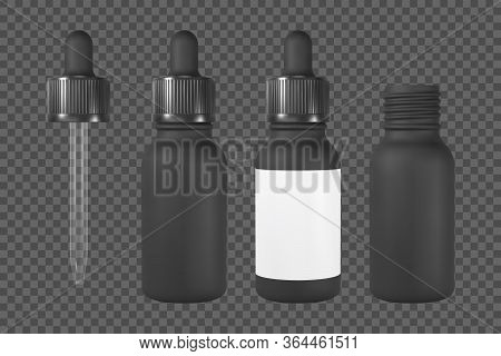 Vape Or Cosmetic Bottle With Pipette. Black Open And Closed Vial With Label. Realistic Vector Mockup