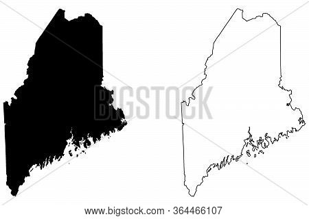 Maine Me State Maps. Black Silhouette And Outline Isolated On A White Background. Eps Vector