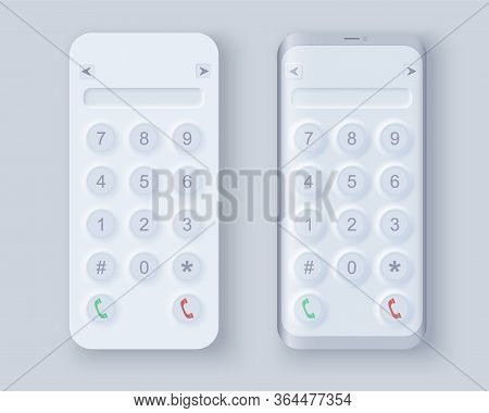 Neumorph Ui Kit On Sample Smartphone Screen. Buttons With Numerals For Numbers. Light Color Set. Ske