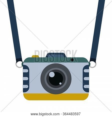 Retro Camera With Strap In Flat Style. Vintage Vector Illustration On White Background