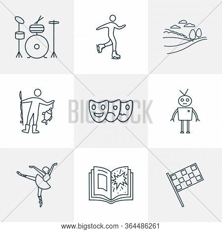 Lifestyle Icons Line Style Set With Racing Flags, Skating, Ballet And Other Finish Elements. Isolate