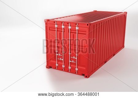 A High Quality Image Of A Red 20ft Shipping Container On A White Background. Twenty Foot Sea Shippin