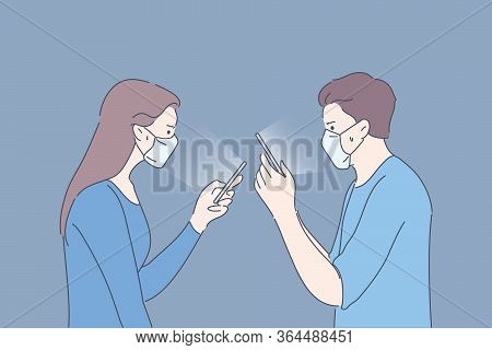 Protection, Quarantine, Communication, Infection, Coronavirus Concept. Couple Man And Woman With Med