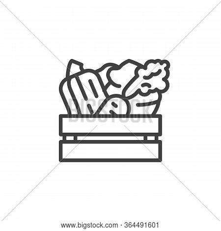 Harvest Wooden Box Line Icon. Linear Style Sign For Mobile Concept And Web Design. Box With Vegetabl