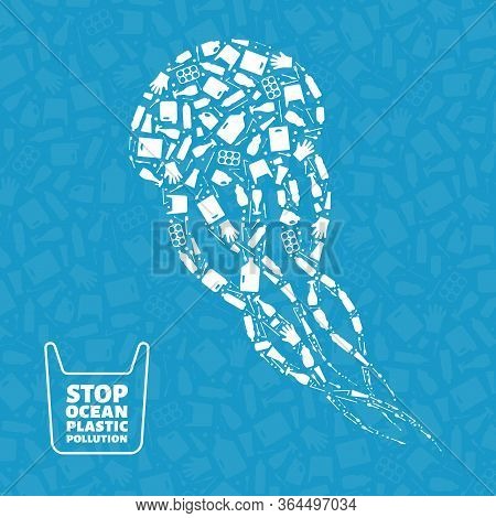 Plastic Waste Ocean Environment Problem Concept Vector Illustration. Jellyfish Ocean Animal Outline 