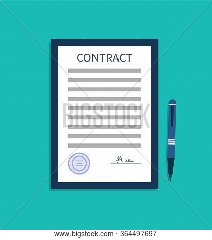 Contract With Signature. Document Of Agreement. Write Sign In Paper Is Consent On Legal Work, Trade,