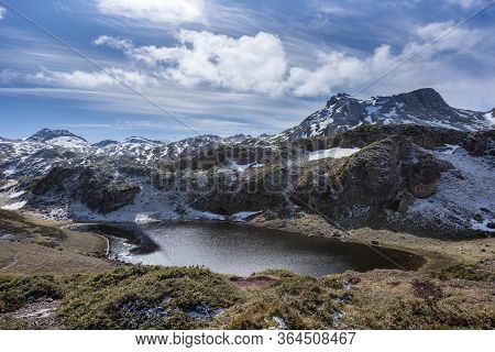 Laguna De La Mina, Saliencia Lakes In The Somiedo Nature Park, Asturias, Spain. End Of Winter With S