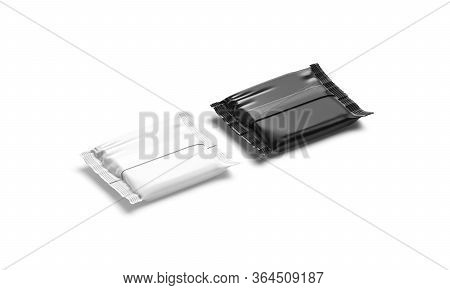 Blank Black And White Square Chocolate Bar Foil Wrap Mockup Set, 3d Rendering. Empty Airtight Desser