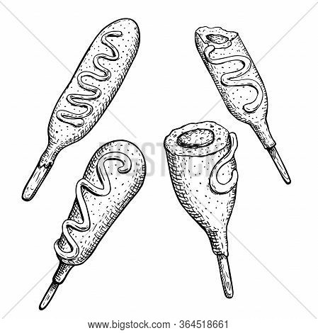 Corn Dogs Set. Hand Drawn Sketch Style Illustrations Of Street Fast Food. Whole And Half-eaten With 