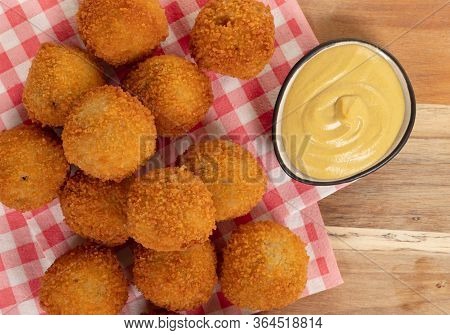 Dutch Traditional Snack Bitterbal On A Serving Board, Isolated