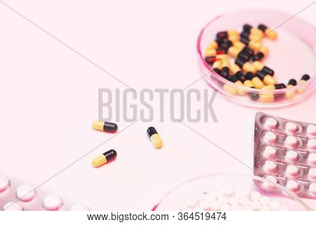 Various Medical Pills. Vitamins, Hemeopathy And Bioactive Additive Against Drugs.