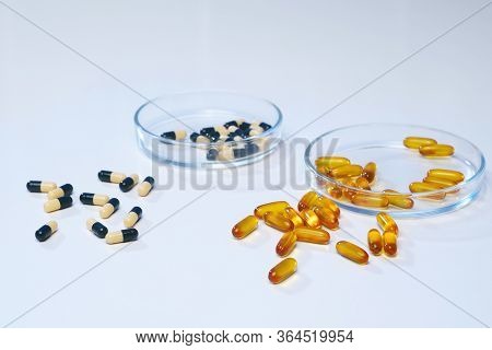 Various Medical Pills. Vitamins, Hemeopathy And Bioactive Additive Against Drugs.