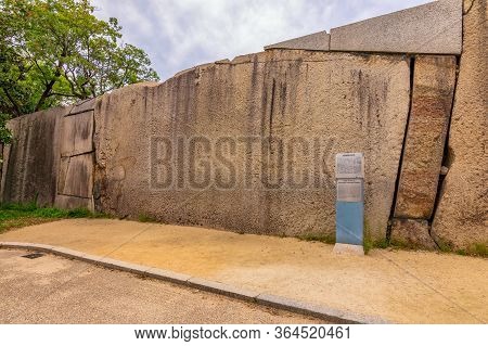 Osaka / Japan - October 1, 2017: Osaka Castle Huge Stones Of Sakuramon Masugata Square With The Imme