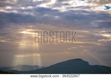 Landscape With Foggy Hills & Trees In Winter At Sunrise. Misty Morning Golden Sunrise, Vintage Film 